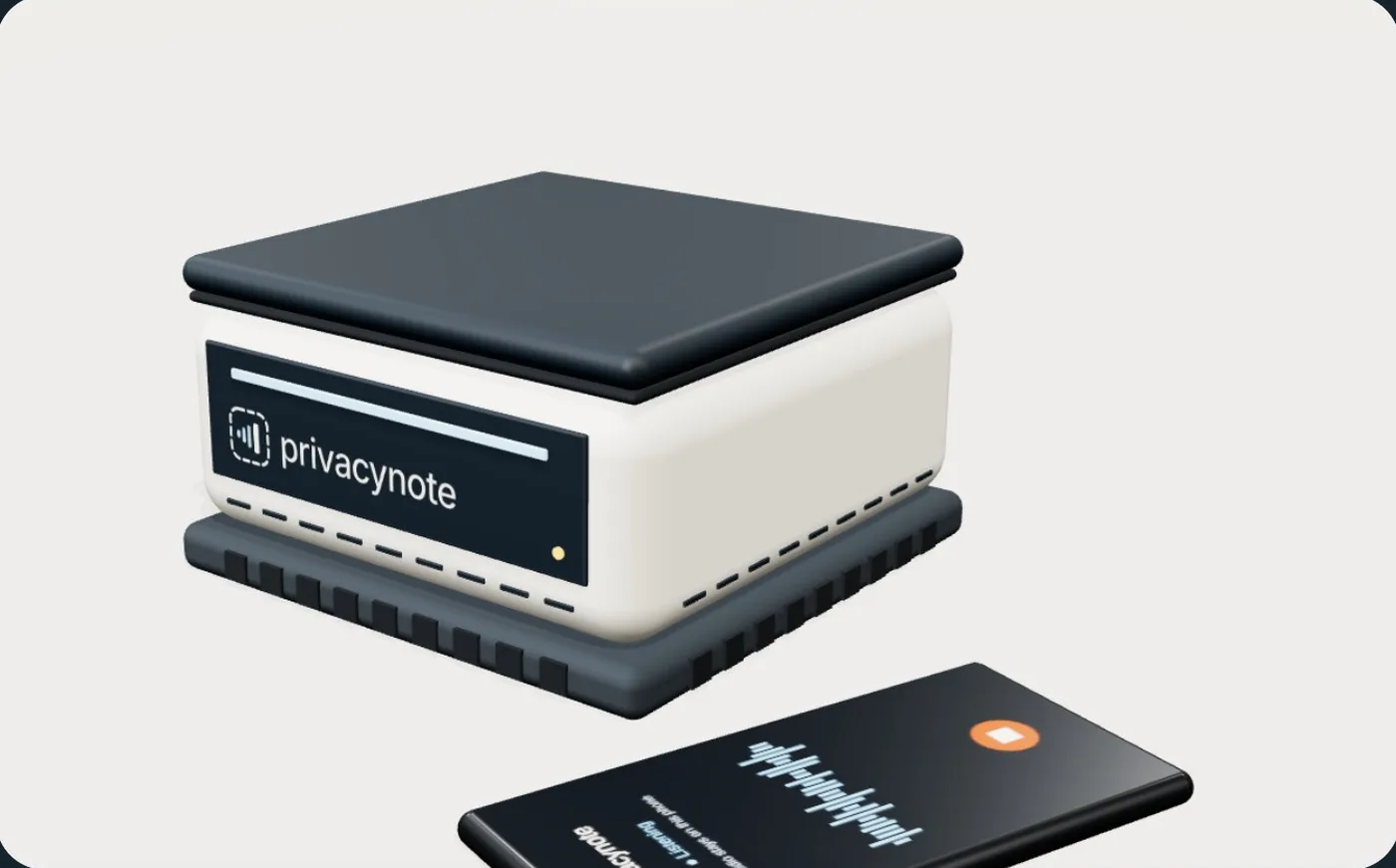 The PrivacyNote unit, a small case with a dark lid, beside a phone showing a recording waveform